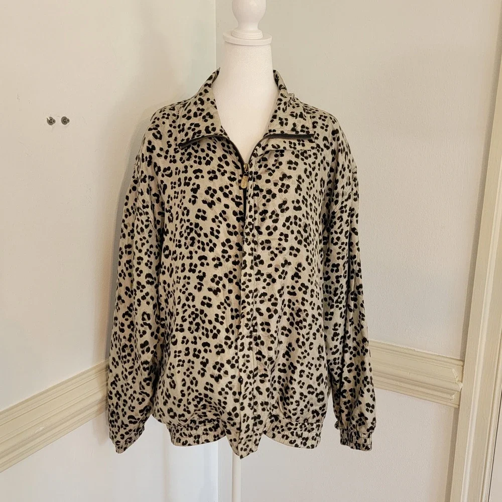 Fuda International Jacket Vintage 100% Silk Leopard Print 90s Y2K Women's XL